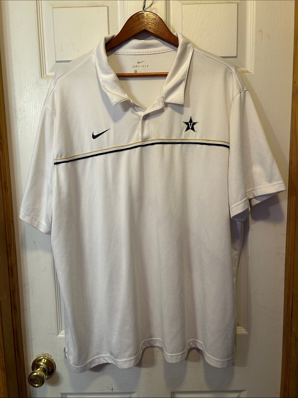 Nike White Polo with Black and Gold Stripe Vanderbilt Logo